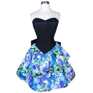 Vintage 80s Strapless Blue Floral Print Short Tiered Prom Cocktail Party Dress M